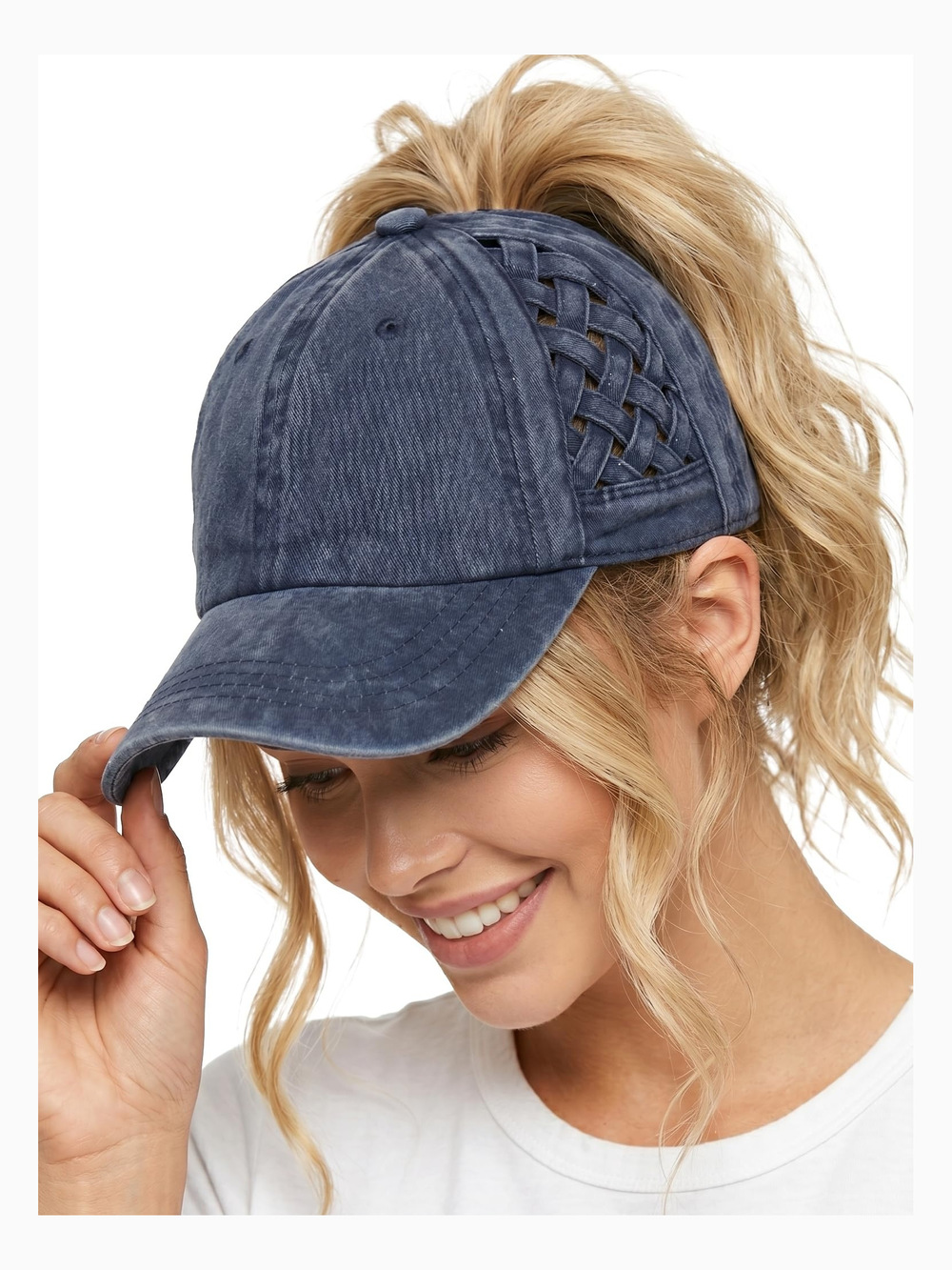 Criss Cross Ponytail Cap, Messy Bun Distressed | Basketweave, Navy | Size OS